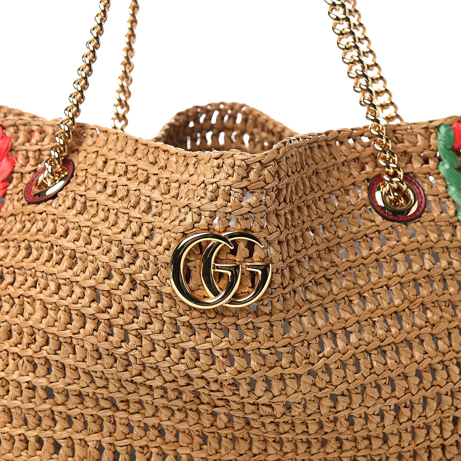 Gucci Raffia Effect Large GG Marmont Shoulder Tote Bag Natural Red Green 9 of 9