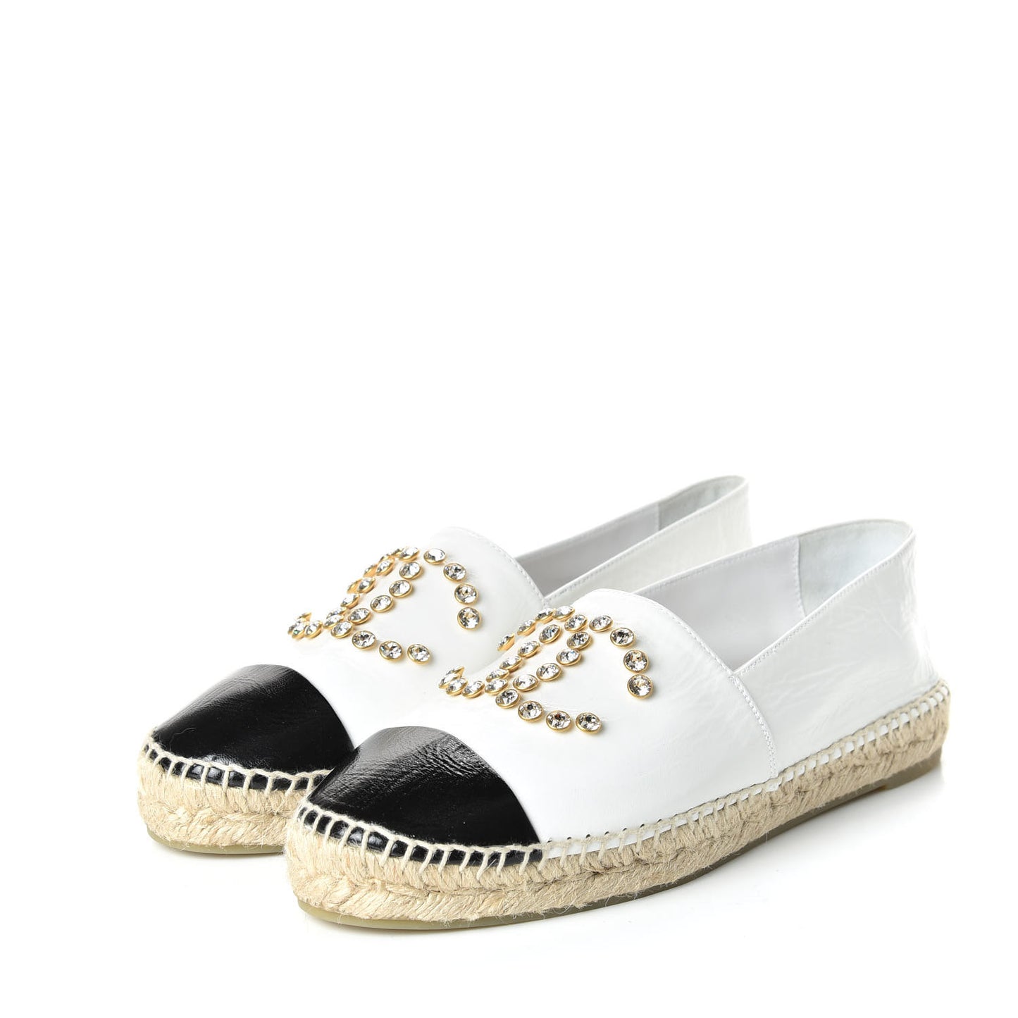 Patent Calfskin Crystal CC Espadrilles 40 White Black