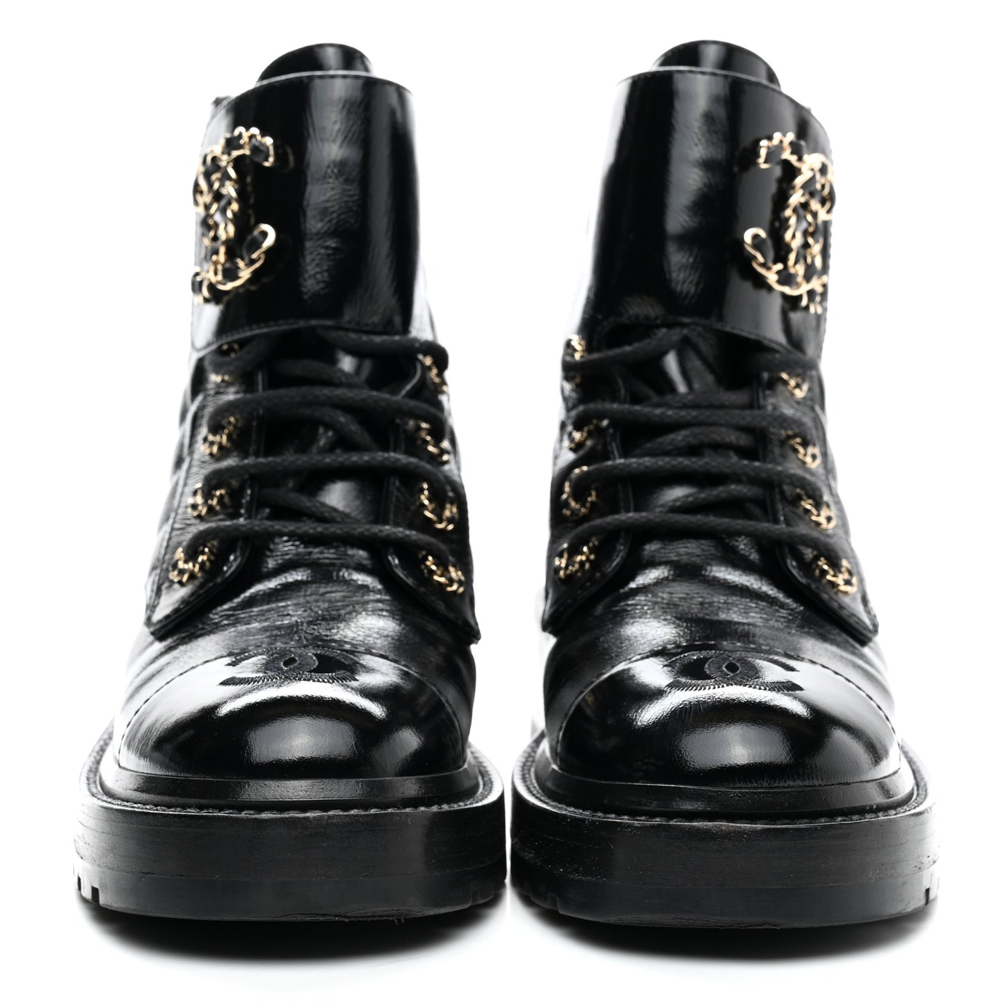 Shiny Calfskin Quilted Lace Up Combat Boots 35.5 Black