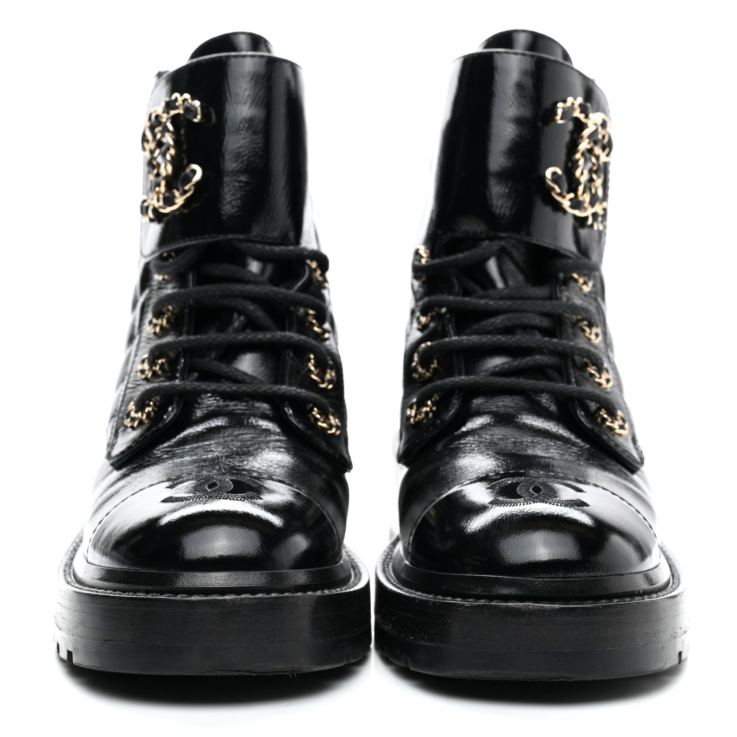 Chanel Shiny Calfskin Quilted Lace Up Combat Boots 35.5 Black 2 of 11