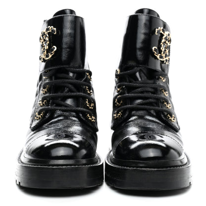 Chanel Shiny Calfskin Quilted Lace Up Combat Boots 35.5 Black 2 of 11