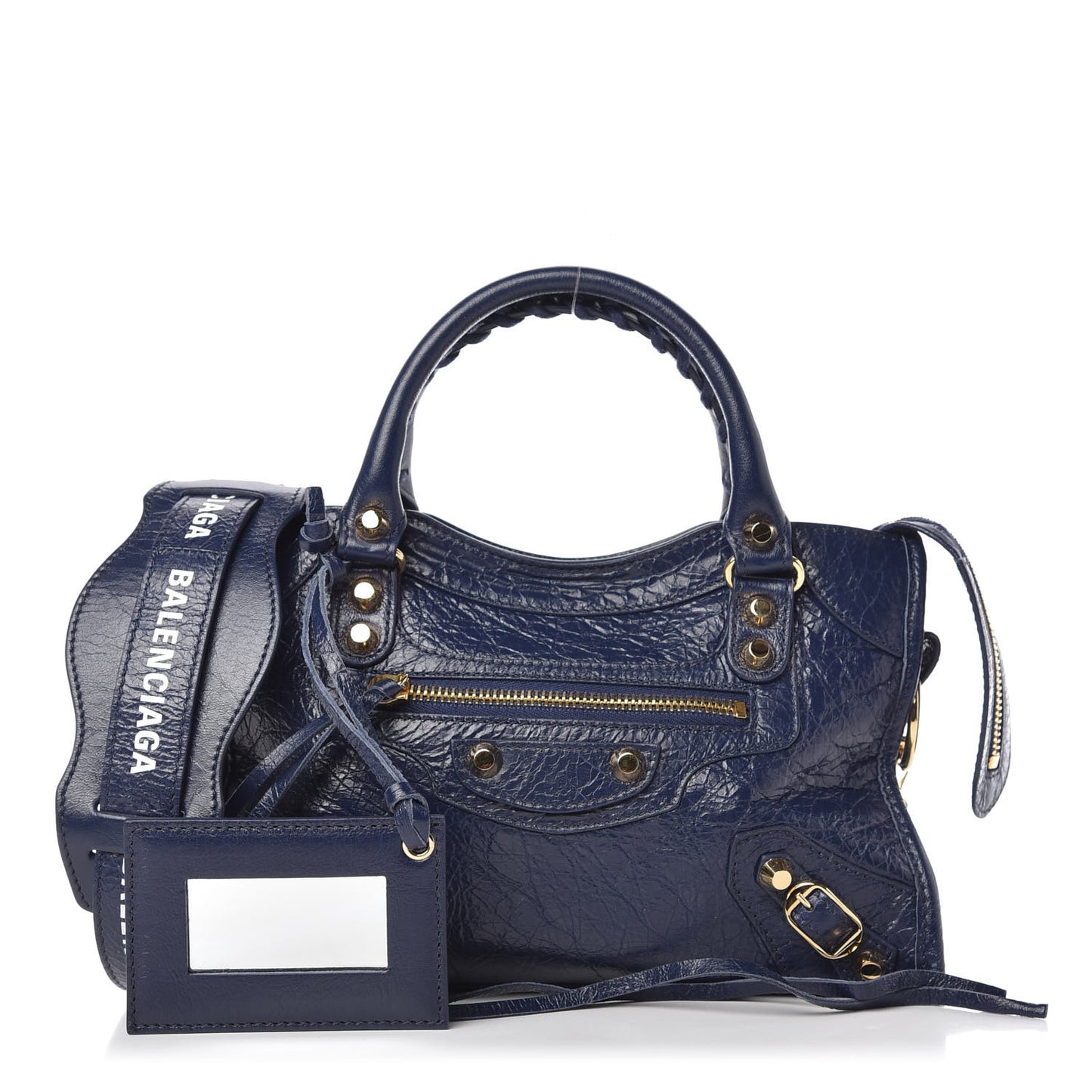 Agneau Classic Gold Hardware Mini City Logo Strap Navy White