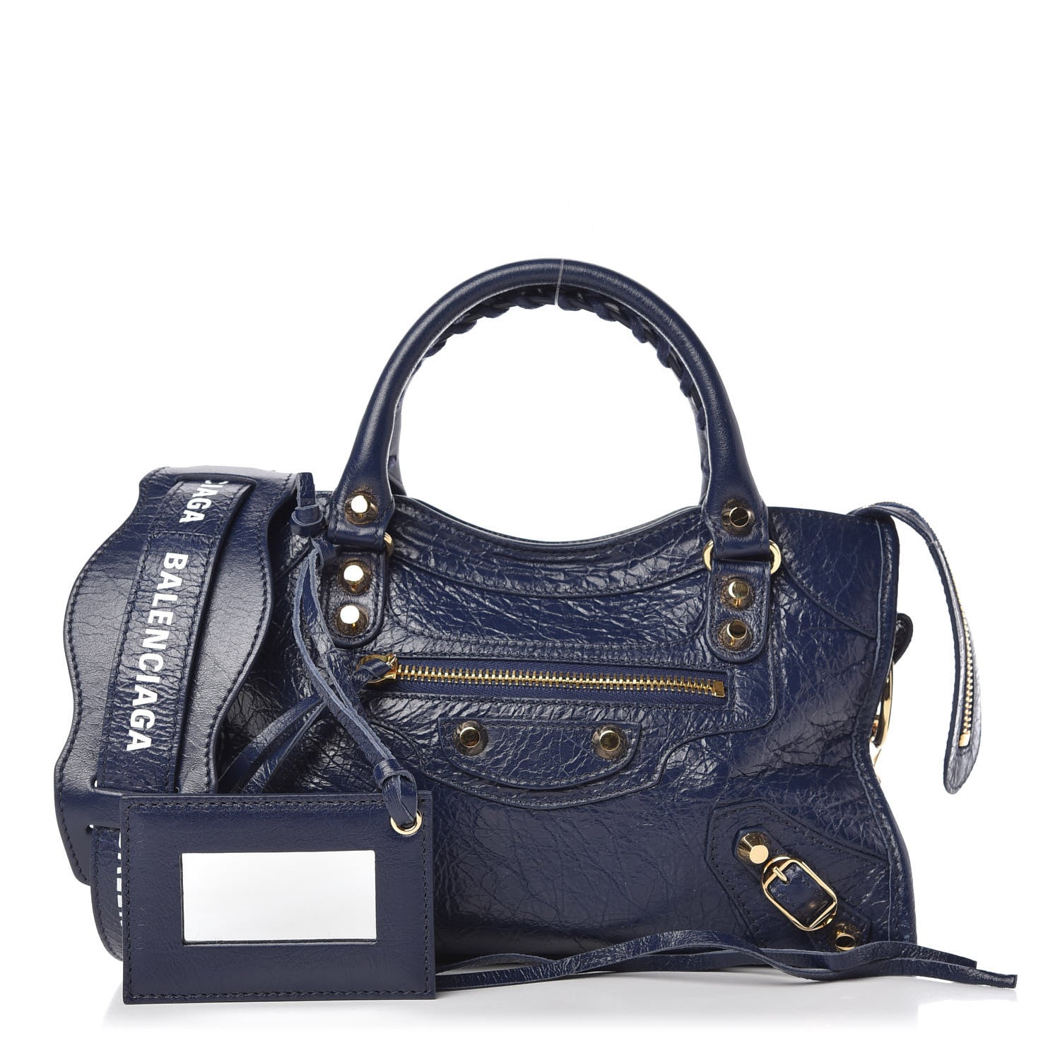 Balenciaga Agneau Classic Gold Hardware Mini City Logo Strap Navy White 1 of 9