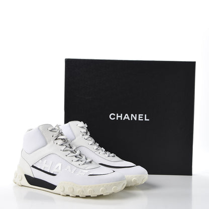 Chanel Calfskin Mesh Lycra Womens Logo High Top Sneakers 38 White 10 of 10