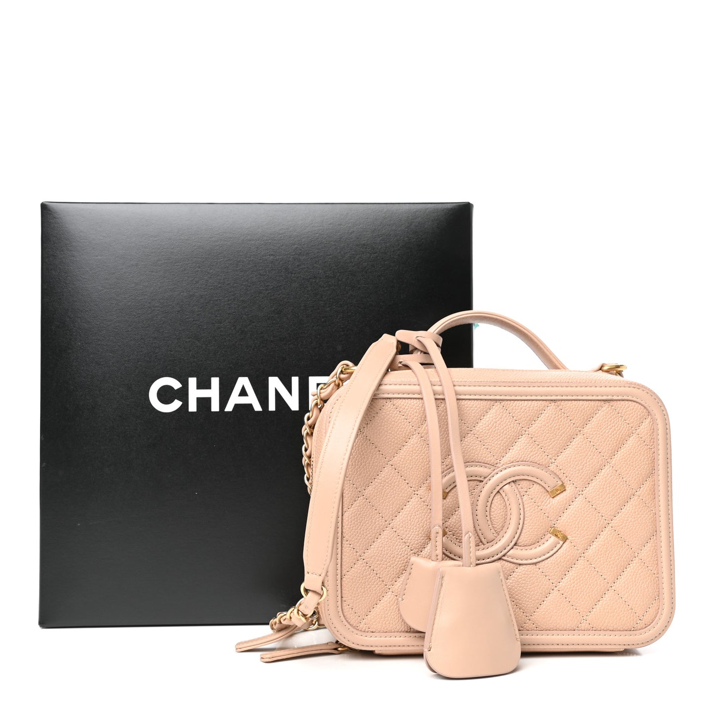 Caviar Quilted Medium CC Filigree Vanity Case Beige