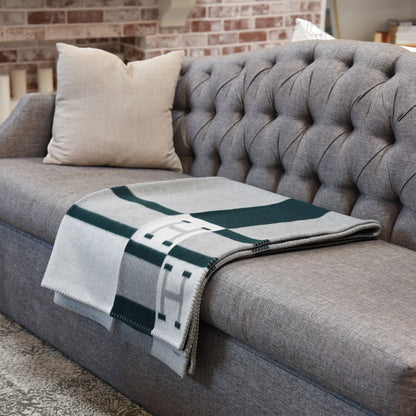 Hermes Wool Cashmere Avalon Bayadere Blanket Gris Vert Anglais 2 of 4