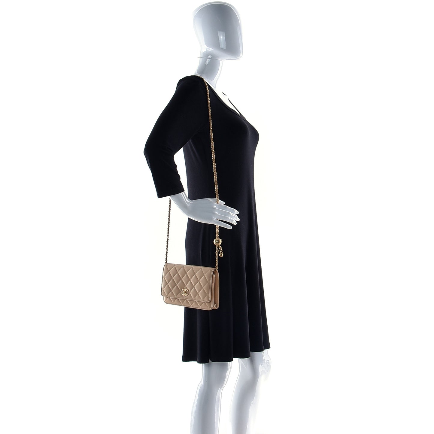 Lambskin Quilted CC Pearl Crush Wallet on Chain WOC Beige