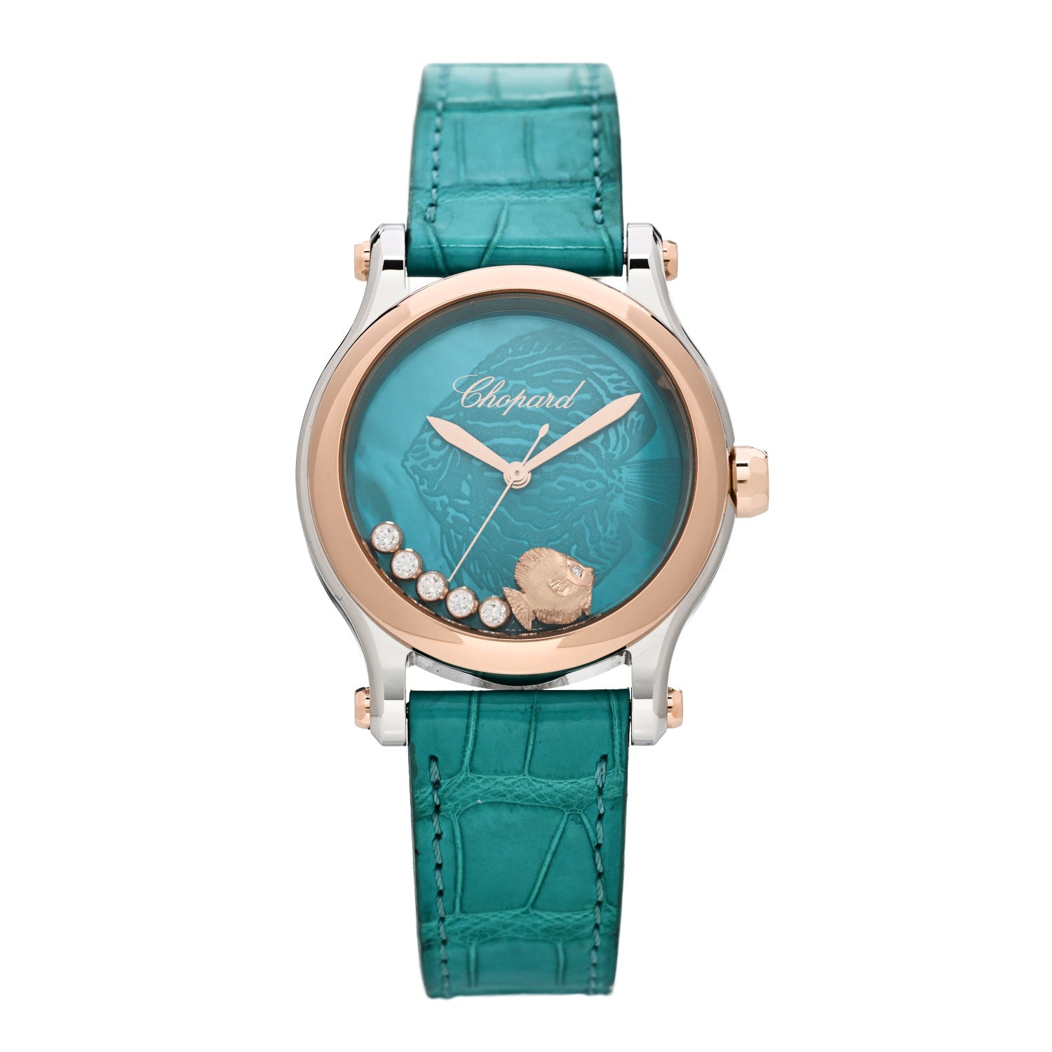 Chopard 18K Rose Gold Stainless Steel Alligator Diamond Turquoise Mother of Pearl 36mm Happy Sport Fish Automatic Watch 1 of 9