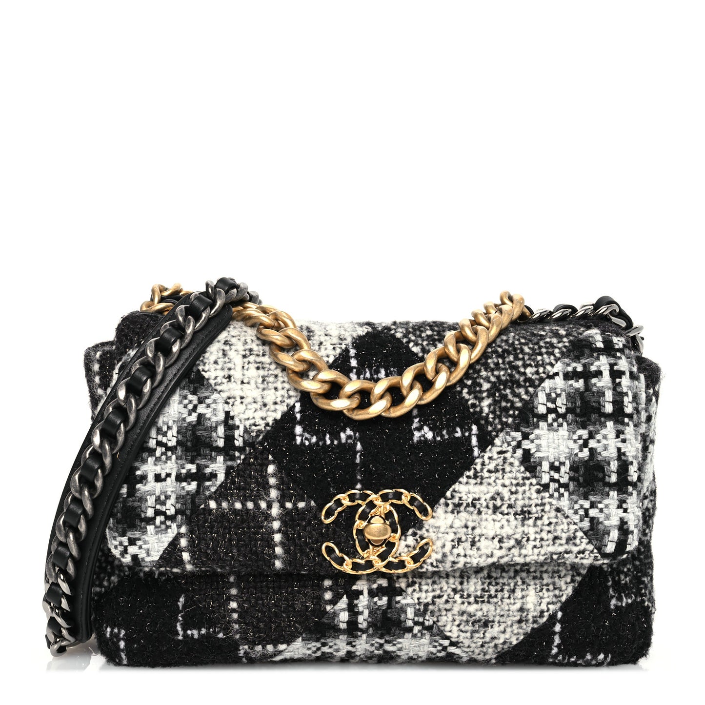 Tweed Quilted Medium Chanel 19 Flap Black White