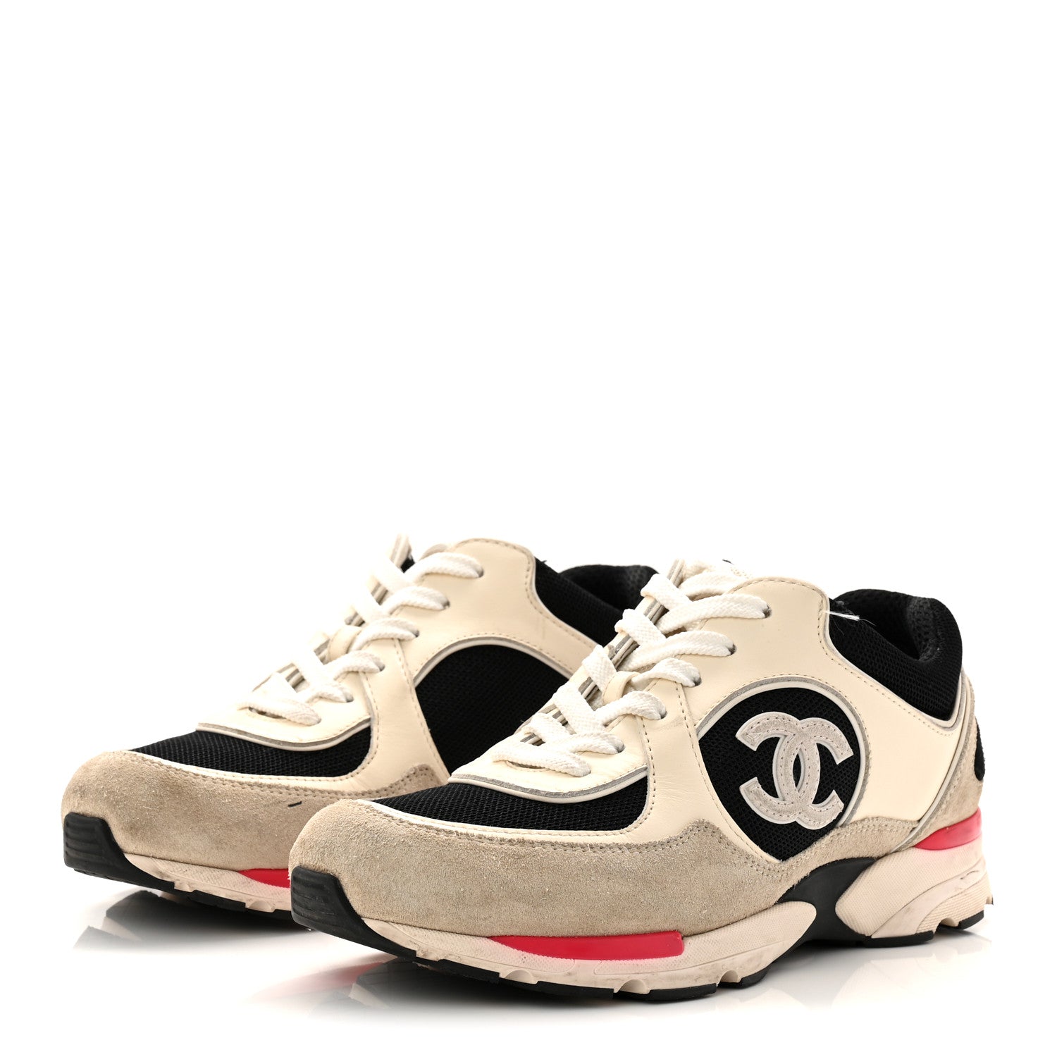 Chanel Mesh Suede Calfskin Grained Calfskin Womens CC Sneakers 38.5 White Black Pink 3 of 11
