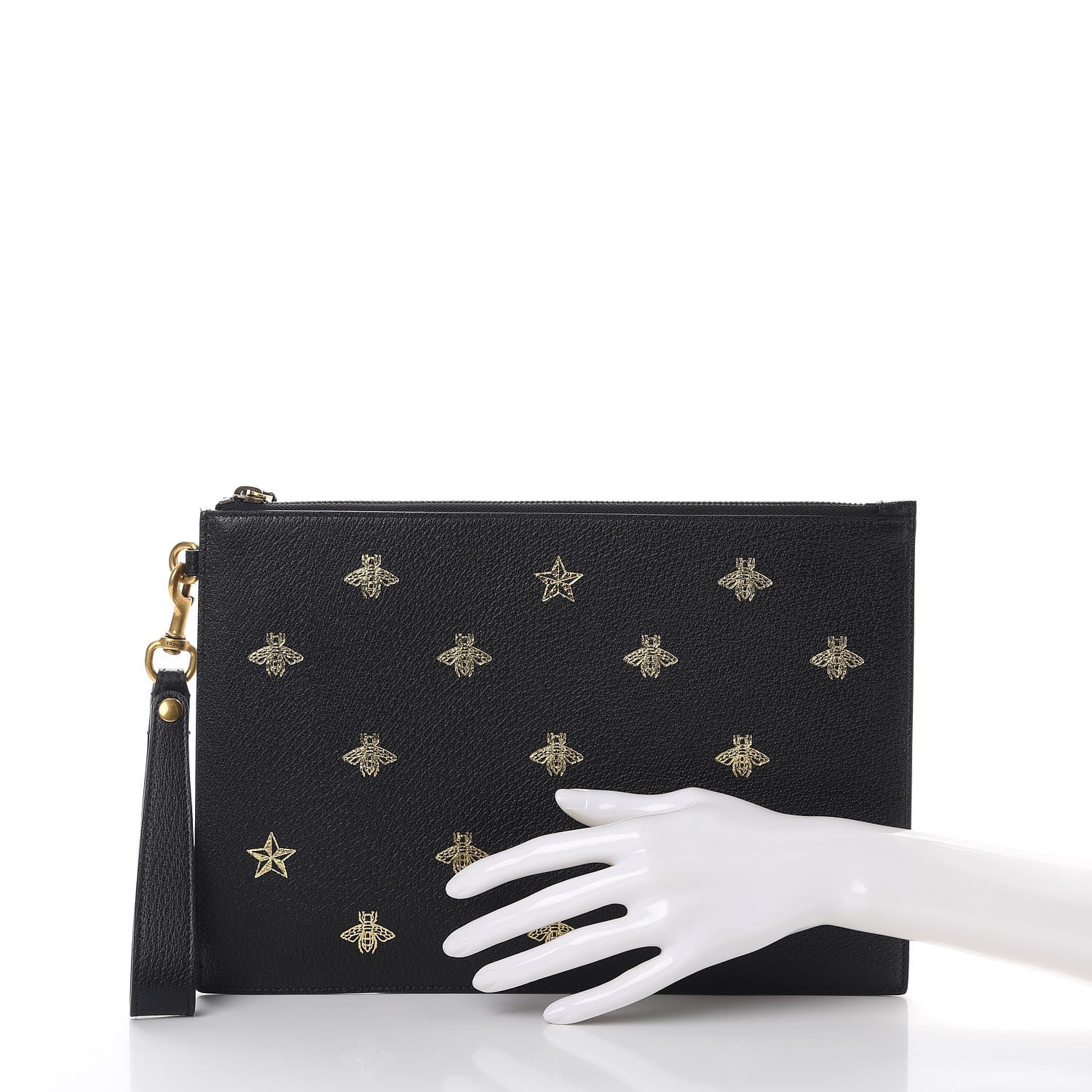 Gucci Dollar Calfskin Boar Effect Bee Star Zip Wristlet Pouch Black 2 of 7