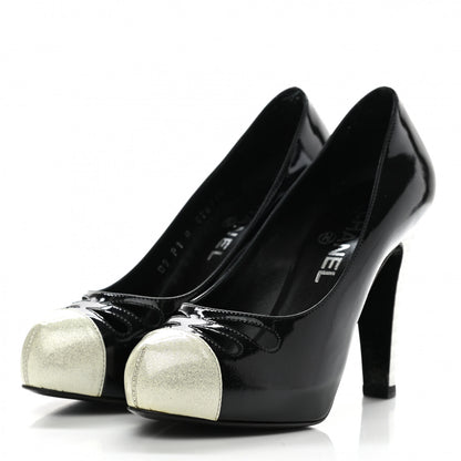 Chanel Patent Glitter Cap Toe Pumps 37 Black 3 of 12
