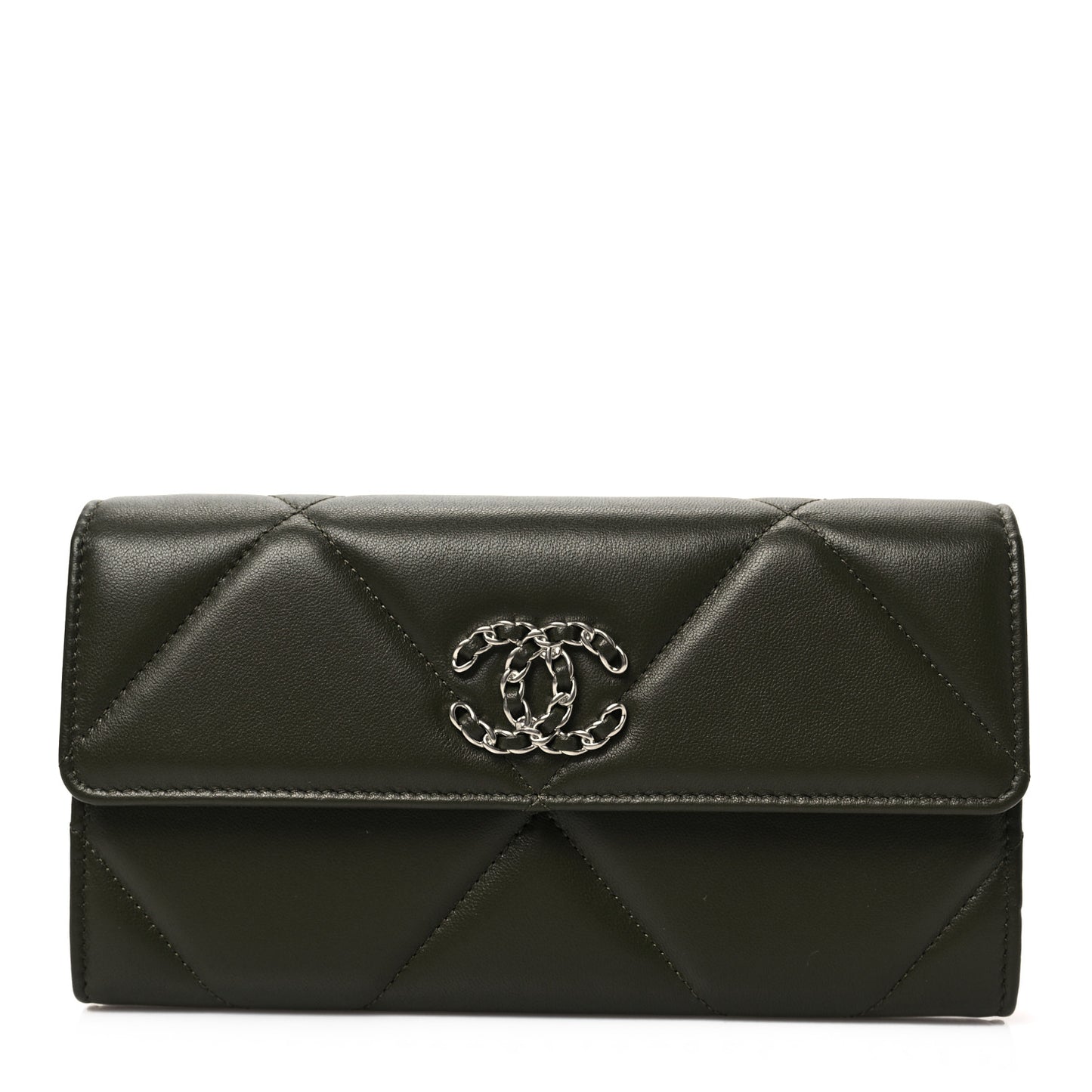 Lambskin Quilted Chanel 19 Flap Wallet Khaki