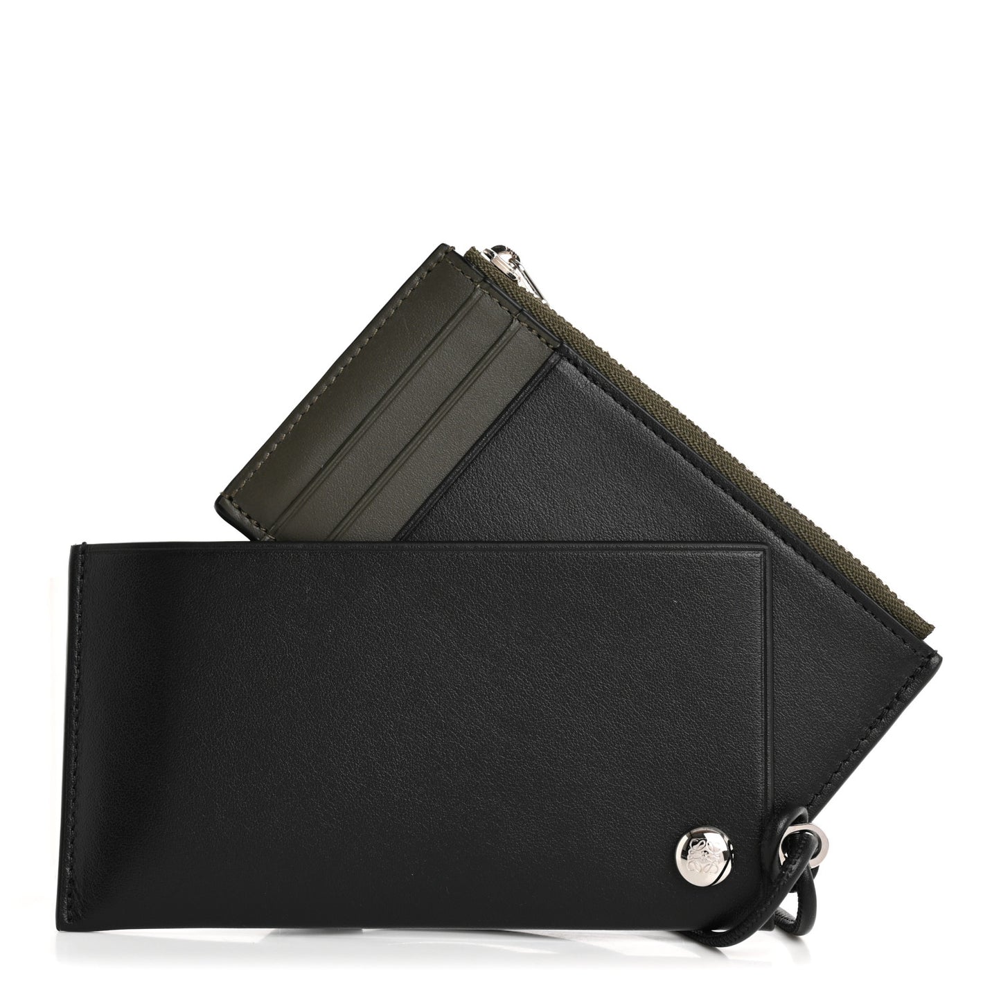 Nappa Calfskin Pebble Slider Coin Card Holder Black Dark Khaki