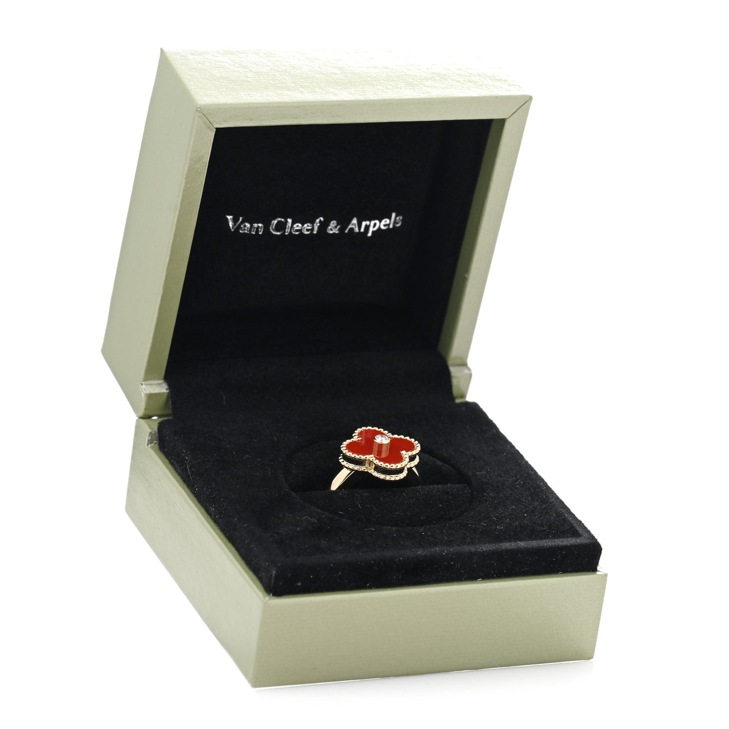 18K Yellow Gold Carnelian Diamond Vintage Alhambra Ring 49 5