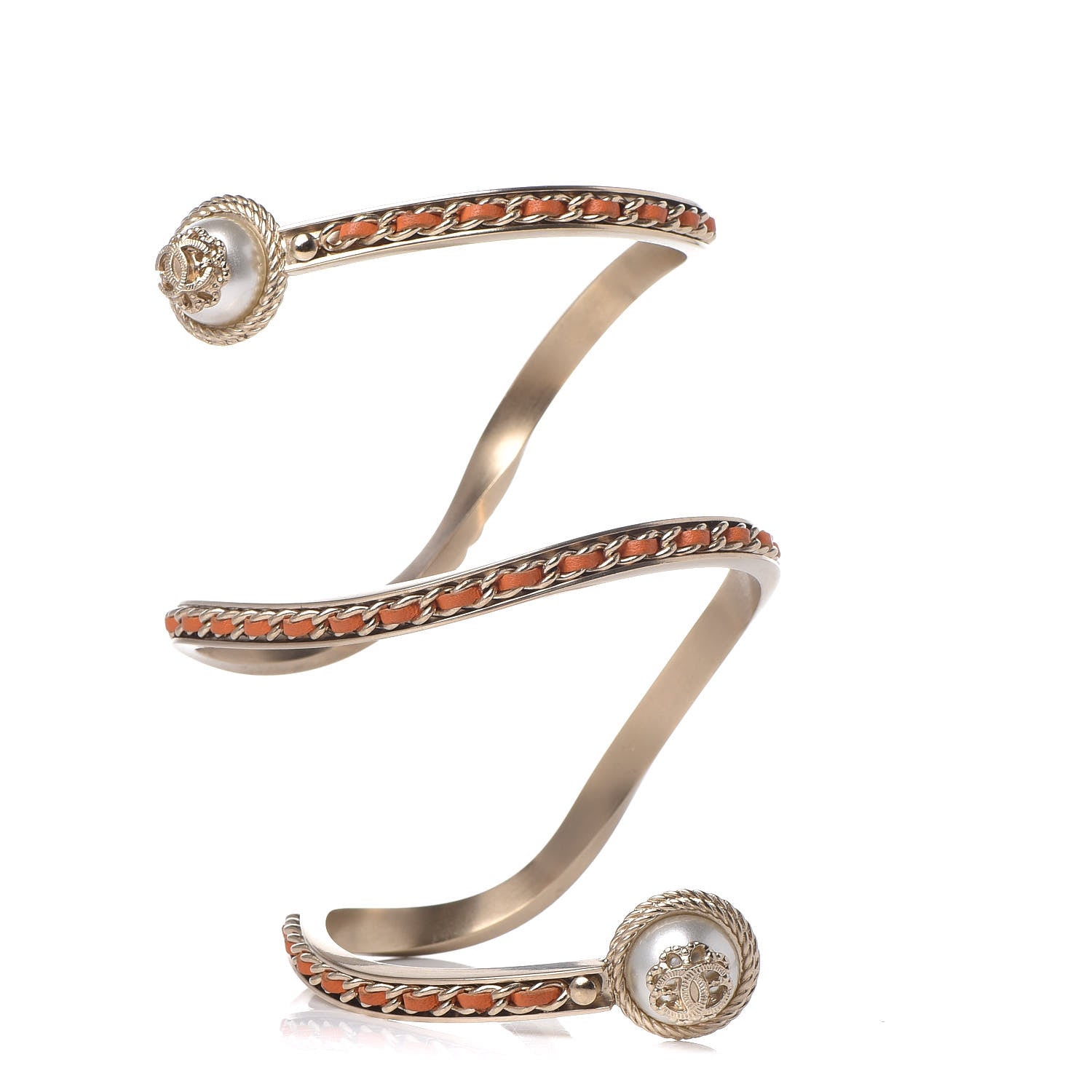 Chanel Lambskin Chain Pearl CC Cuff Bracelet Orange Gold 1 of 4
