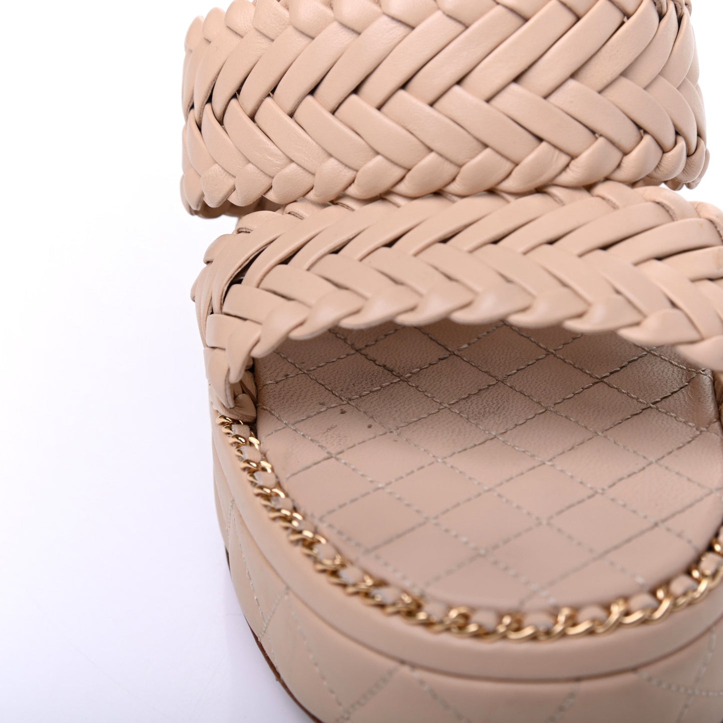 Calfskin Quilted Chain Around Wedge Sandals 41 Light Beige