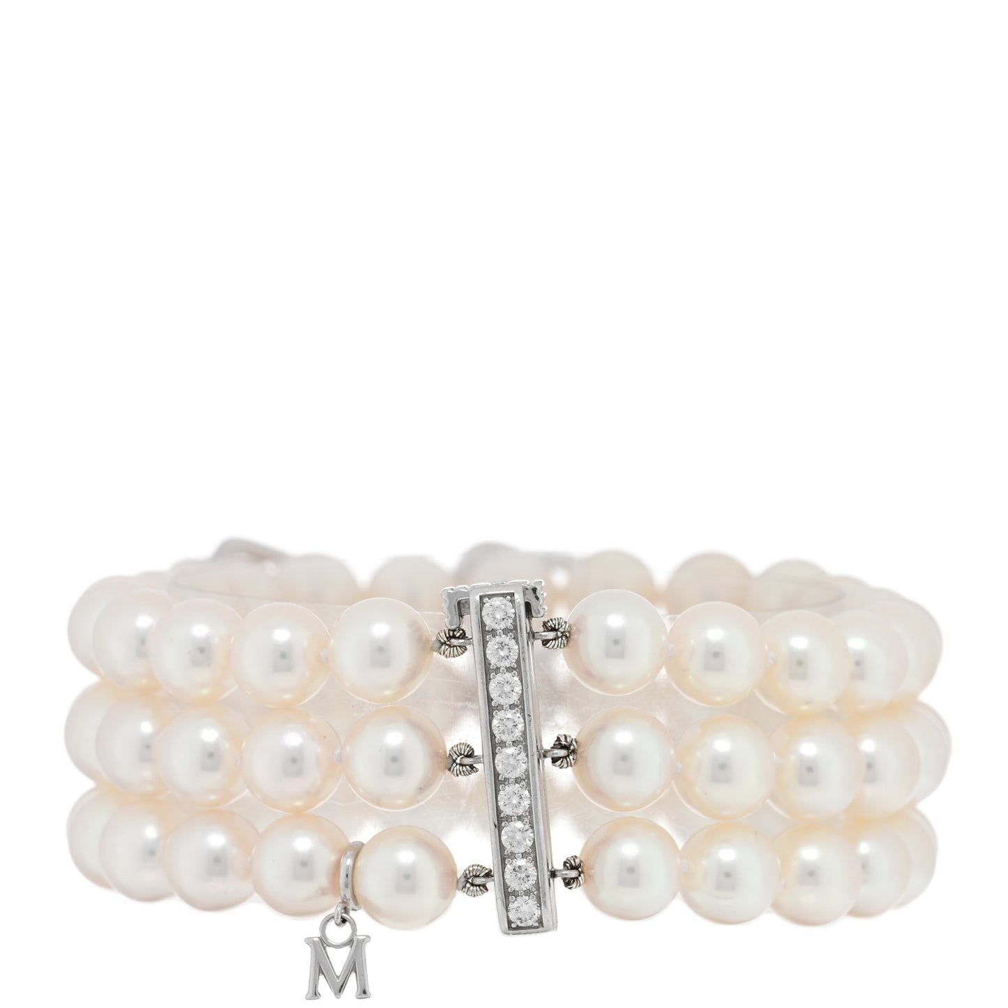 18K White Gold Diamond Akoya Pearl Flower 3 Strand Bracelet