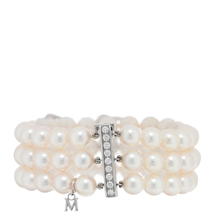 Mikimoto 18K White Gold Diamond Akoya Pearl Flower 3 Strand Bracelet 2 of 3
