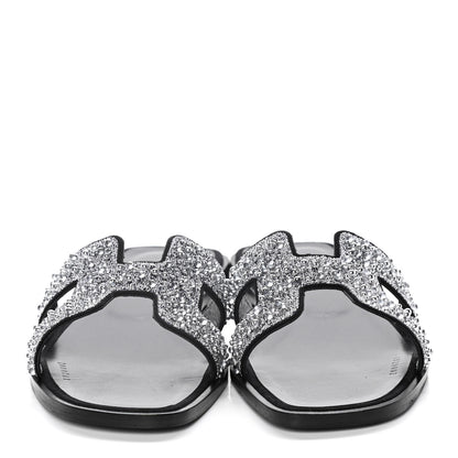 Hermes Velvet Goatskin Crystal Beads Oran Sandals 38 Gris Argente Black 2 of 12