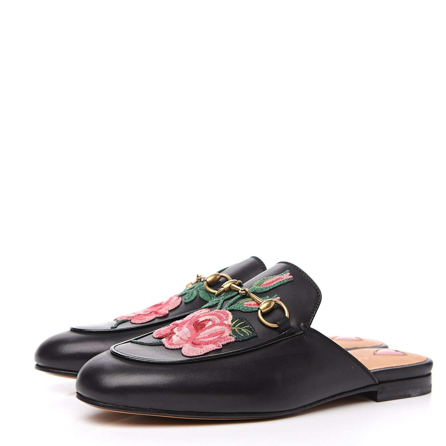 Calfskin Flower Embroidered Womens Princetown Slippers 38 Black