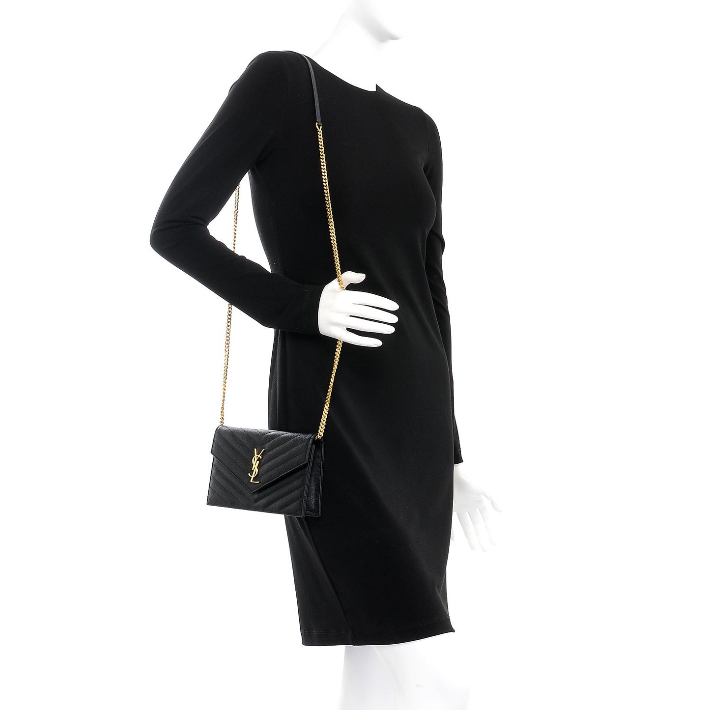 Grain De Poudre Matelasse Chevron Monogram Envelope Chain Wallet Black