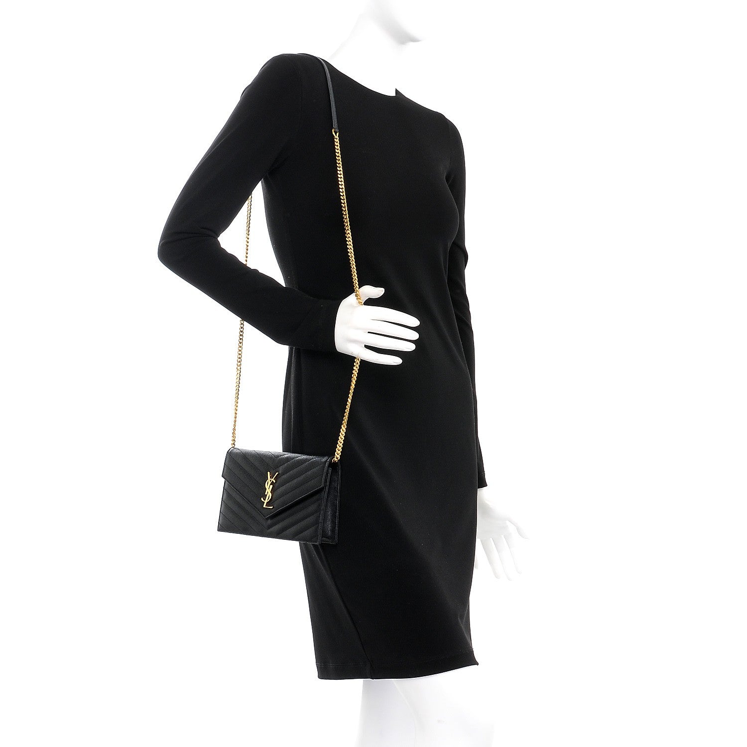 Saint Laurent Grain De Poudre Matelasse Chevron Monogram Envelope Chain Wallet Black 2 of 7