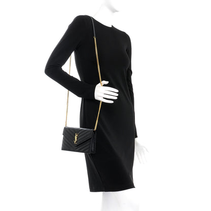 Saint Laurent Grain De Poudre Matelasse Chevron Monogram Envelope Chain Wallet Black 2 of 7