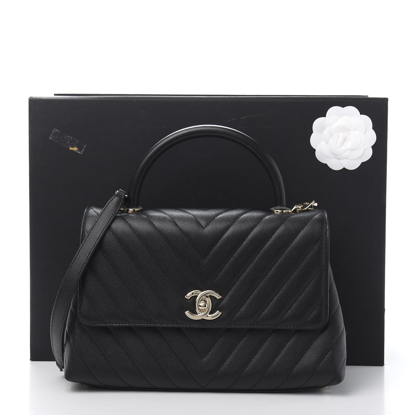 Caviar Chevron Quilted Small Coco Handle Flap Black