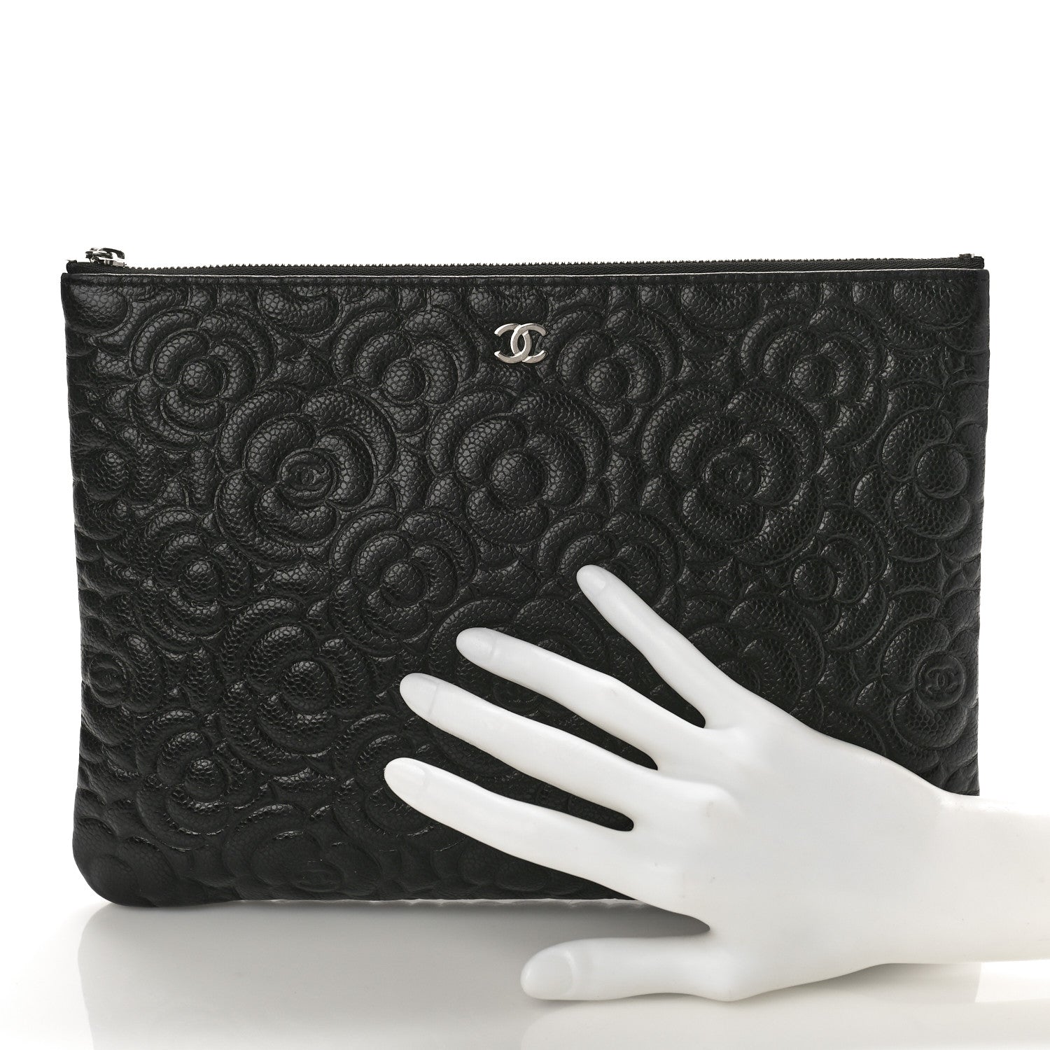 Chanel Caviar Camellia Embossed Medium Cosmetic Case Black 2 of 8