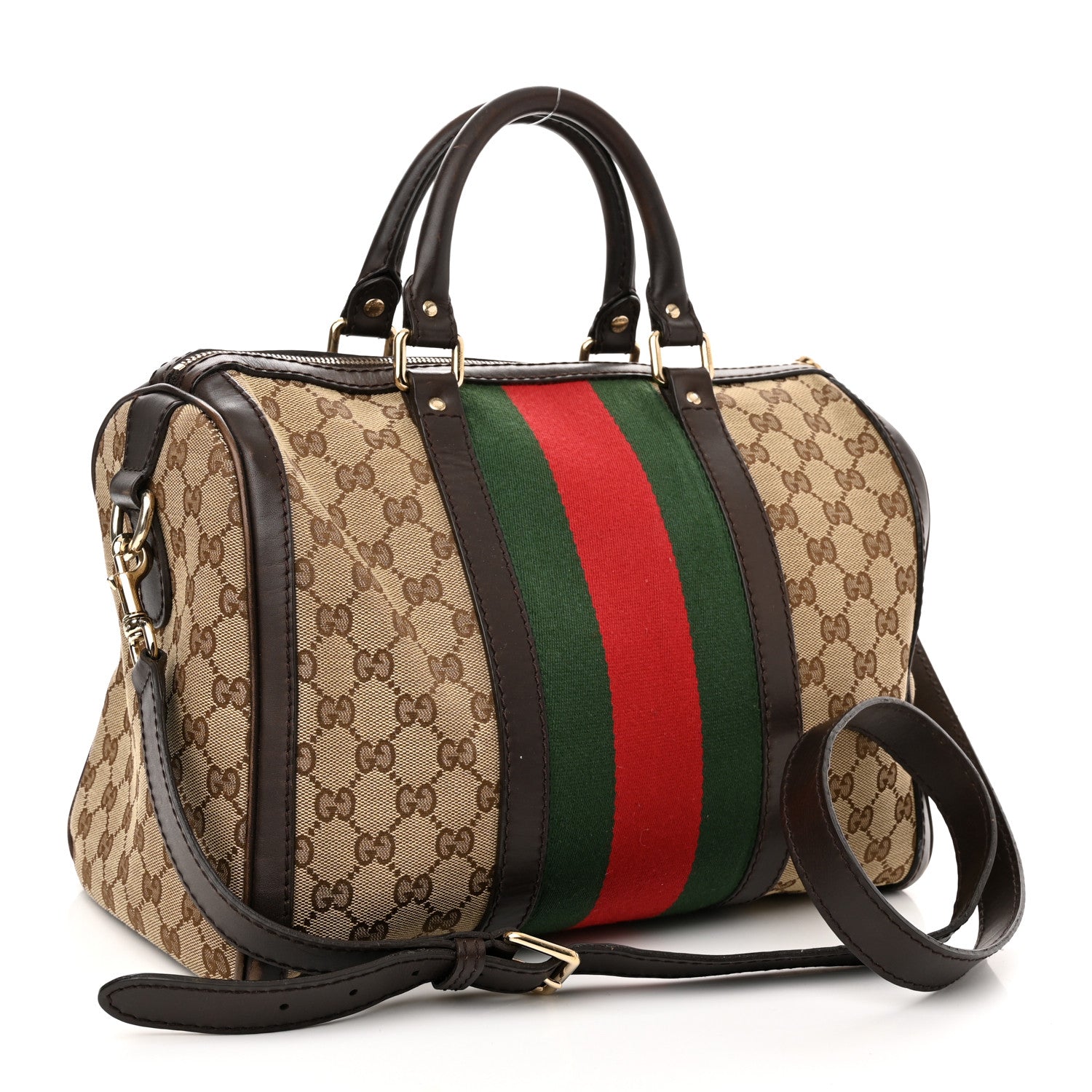 Gucci Monogram Selleria Calfskin Vintage Web Medium Boston Beige Ebony Cocoa 3 of 21