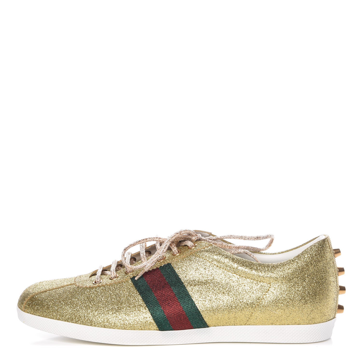 Gucci Metallic Calfskin Studded Mens Bambi Web GG Sneakers 11 Gold 1 of 8