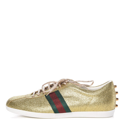 Gucci Metallic Calfskin Studded Mens Bambi Web GG Sneakers 11 Gold 1 of 8