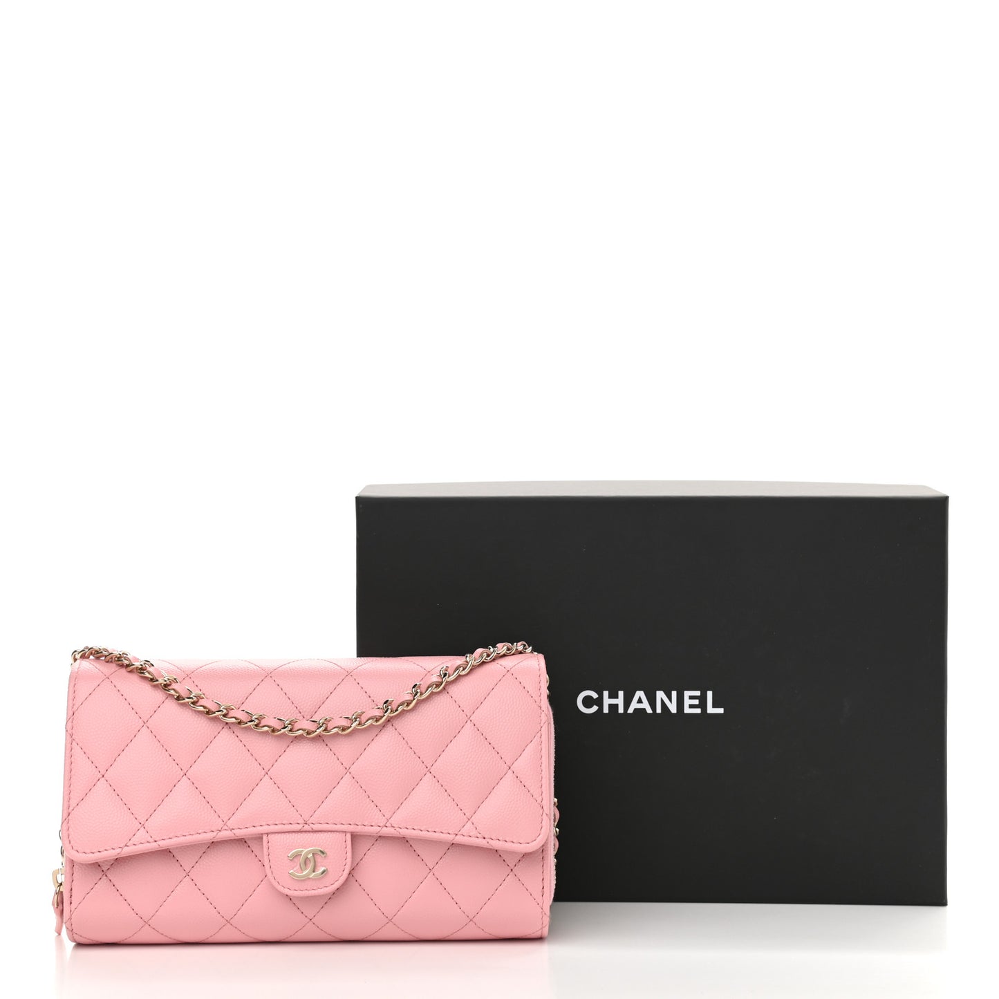Caviar Quilted Phone Holder Wallet on Removable Chain Pink