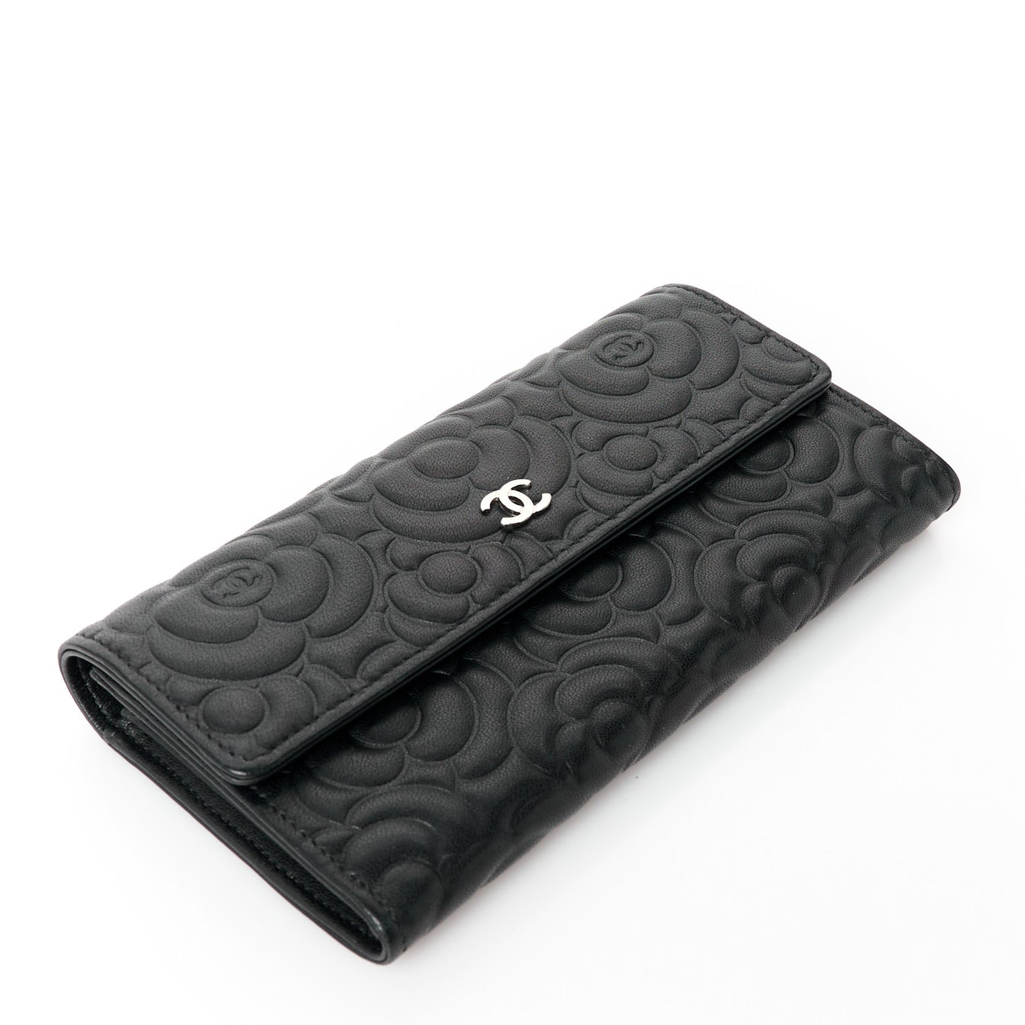 Lambskin Embossed Camellia Large Gusset Flap Wallet Black
