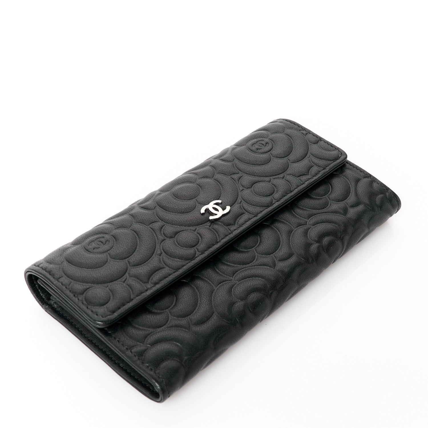 Chanel Lambskin Embossed Camellia Large Gusset Flap Wallet Black 4 of 12