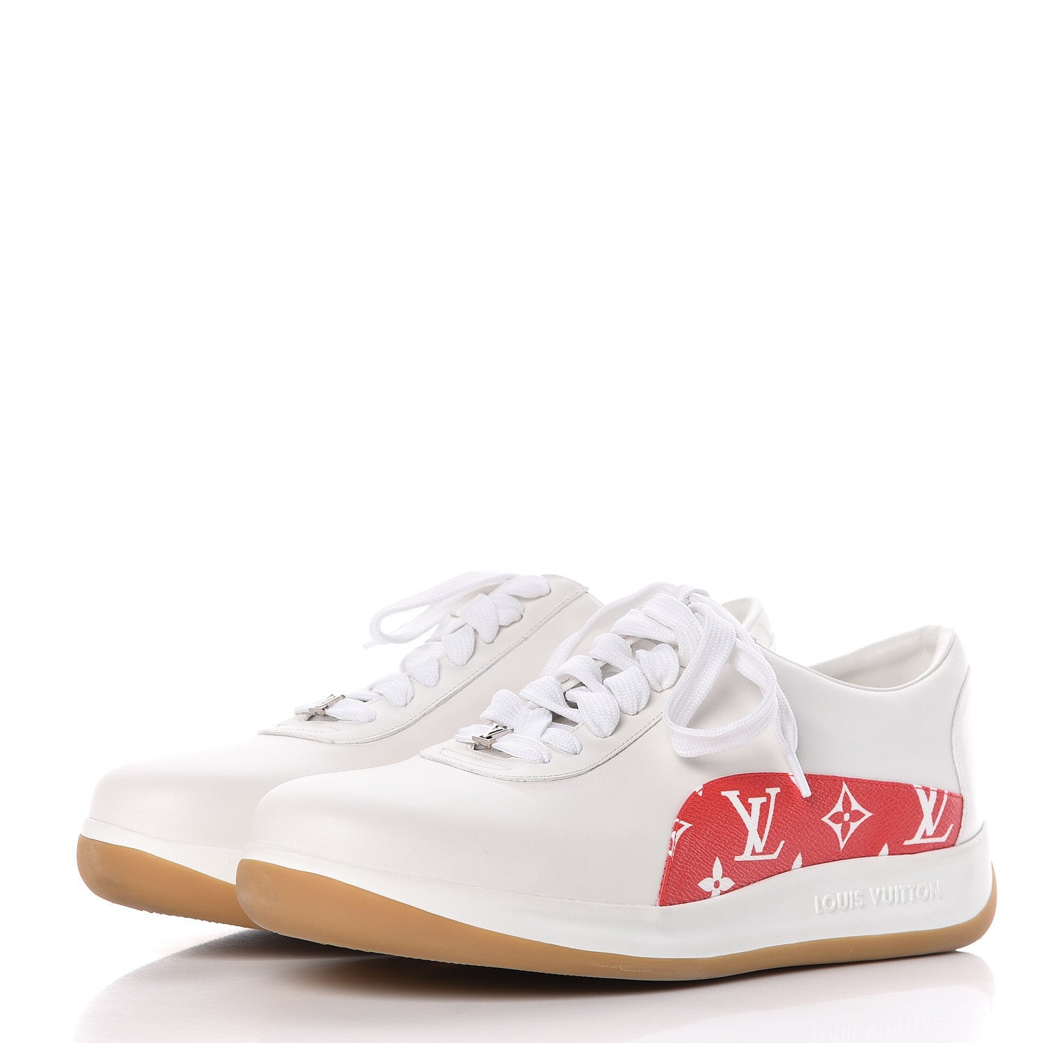 Louis Vuitton X SUPREME Calfskin Monogram Sneakers 9.5 White Red 3 of 8