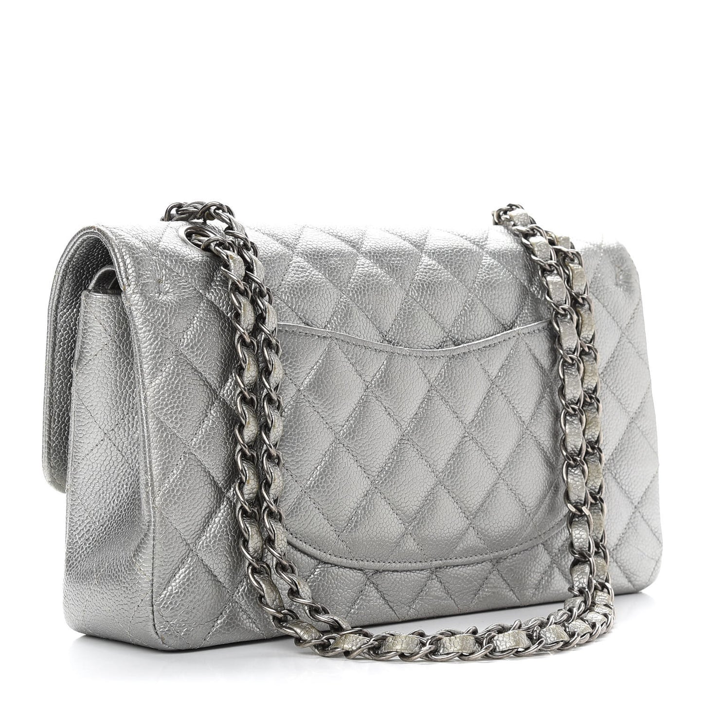 Metallic Caviar Quilted Medium Double Flap Silver
