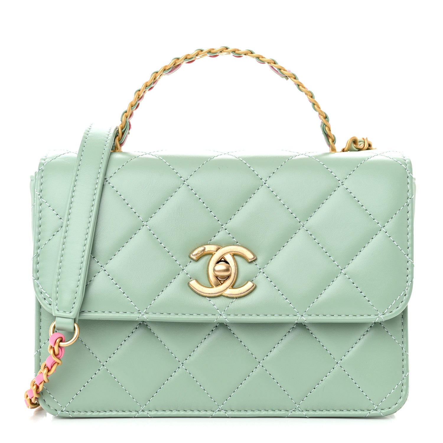 Chanel Shiny Calfskin Quilted Mini Metal Top Handle Flap Light Green 1 of 11