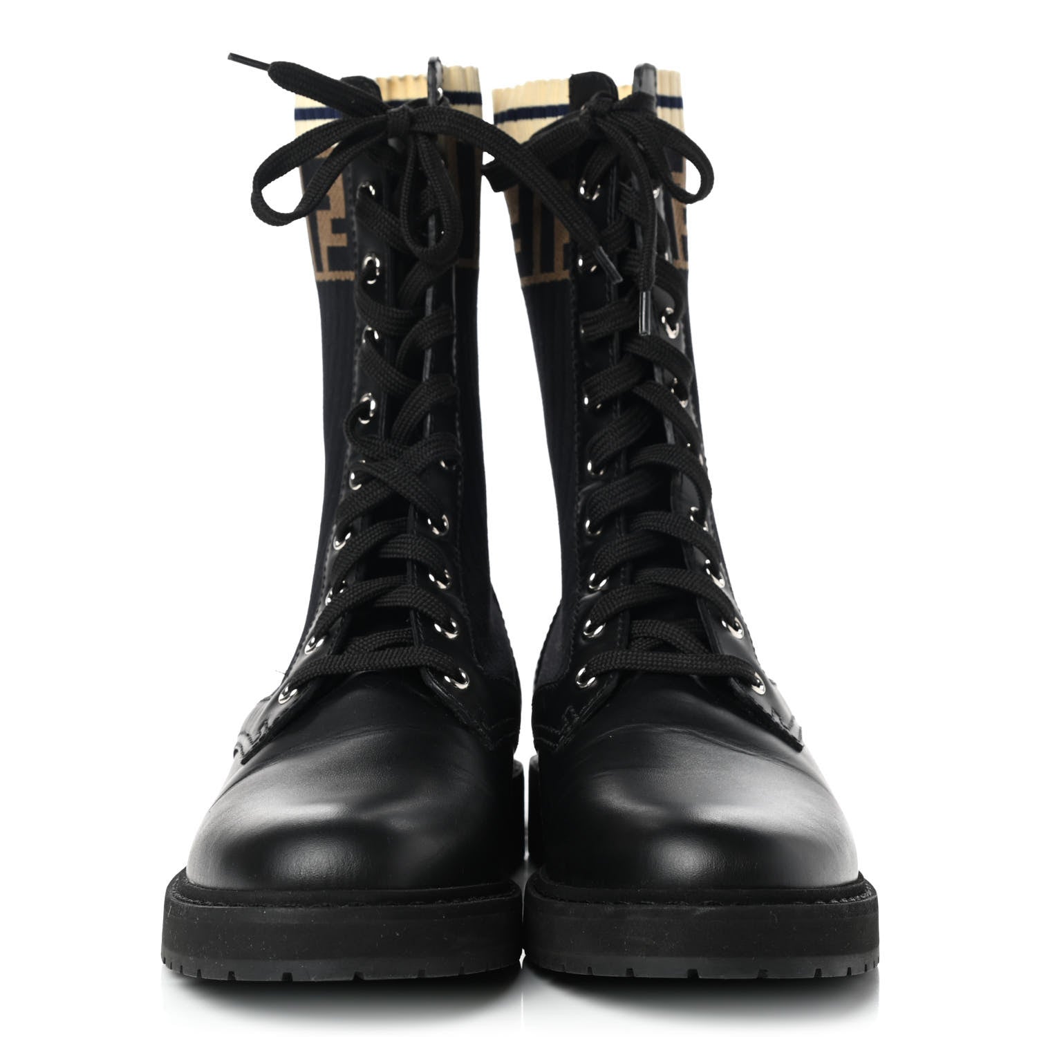 Fendi Calfskin Stretch Fabric Rockoko Biker Boots 38.5 Tobacco Black Marino 2 of 10