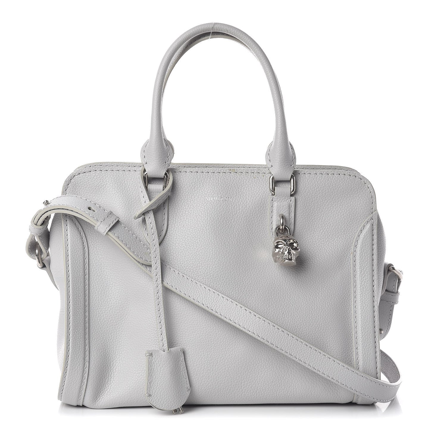 Pebbled Calfskin Small Skull Padlock Zip Around Tote Light Grey
