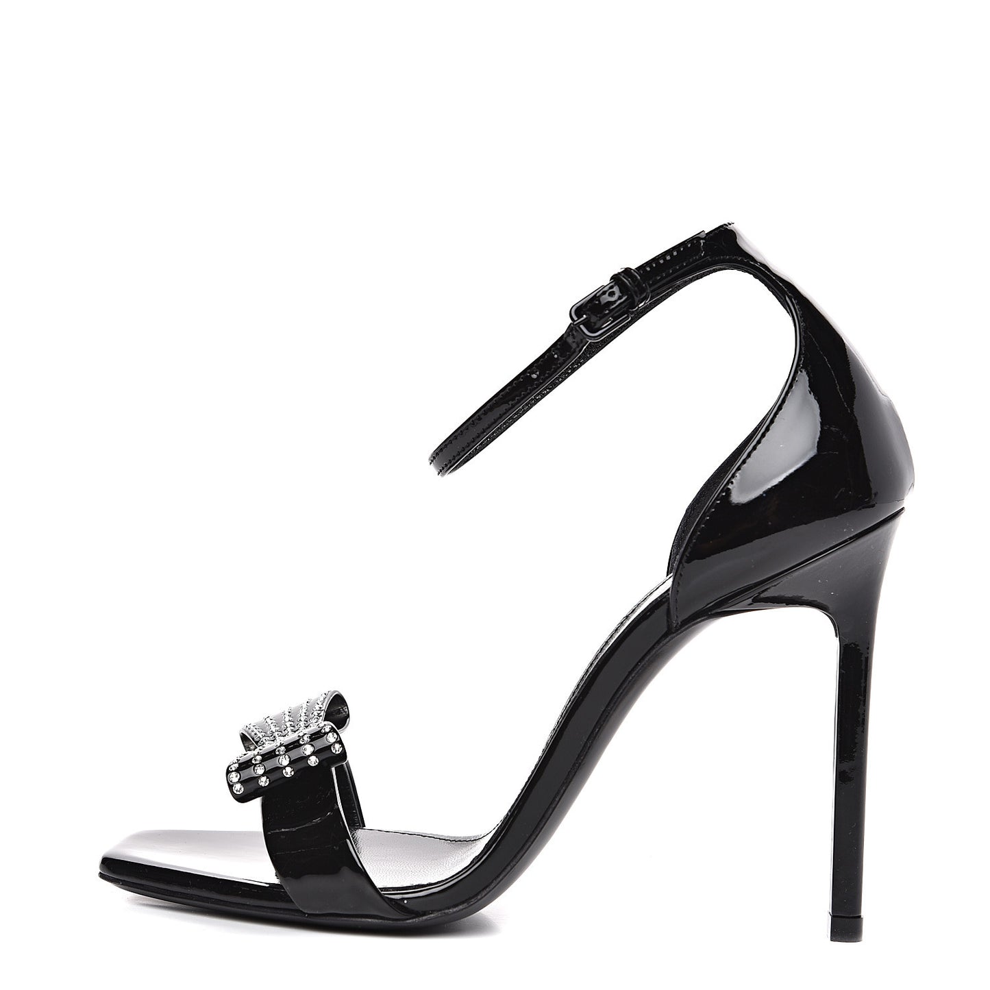Patent Calfskin Crystal Amber Bow 85 Ankle Strap Sandals 36 Black