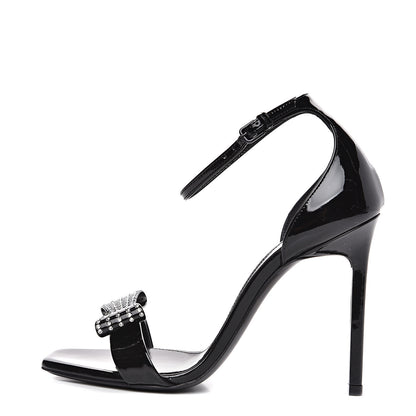 Saint Laurent Patent Calfskin Crystal Amber Bow 85 Ankle Strap Sandals 36 Black 1 of 10