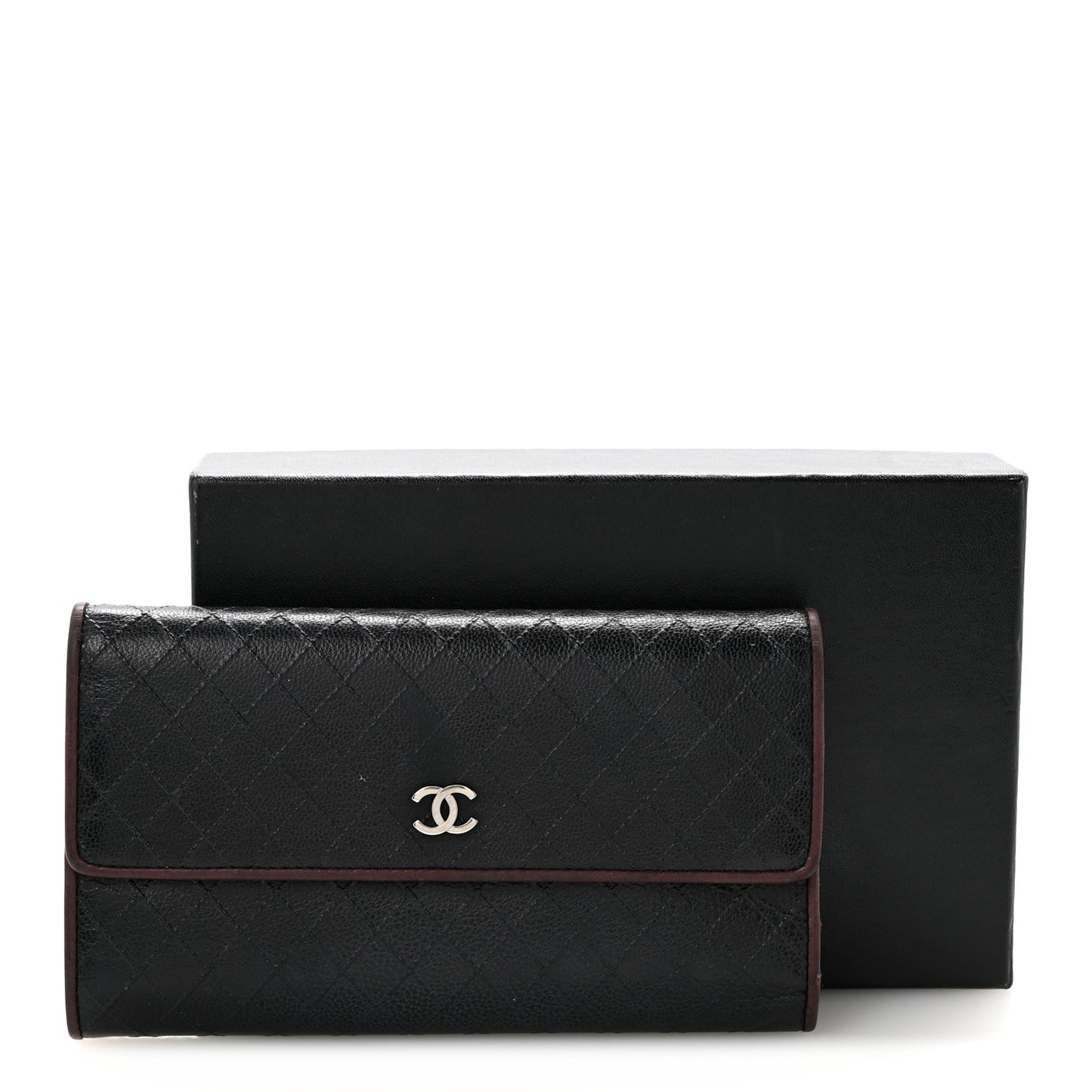 Calfskin Diamond Stitched Flap Wallet Black