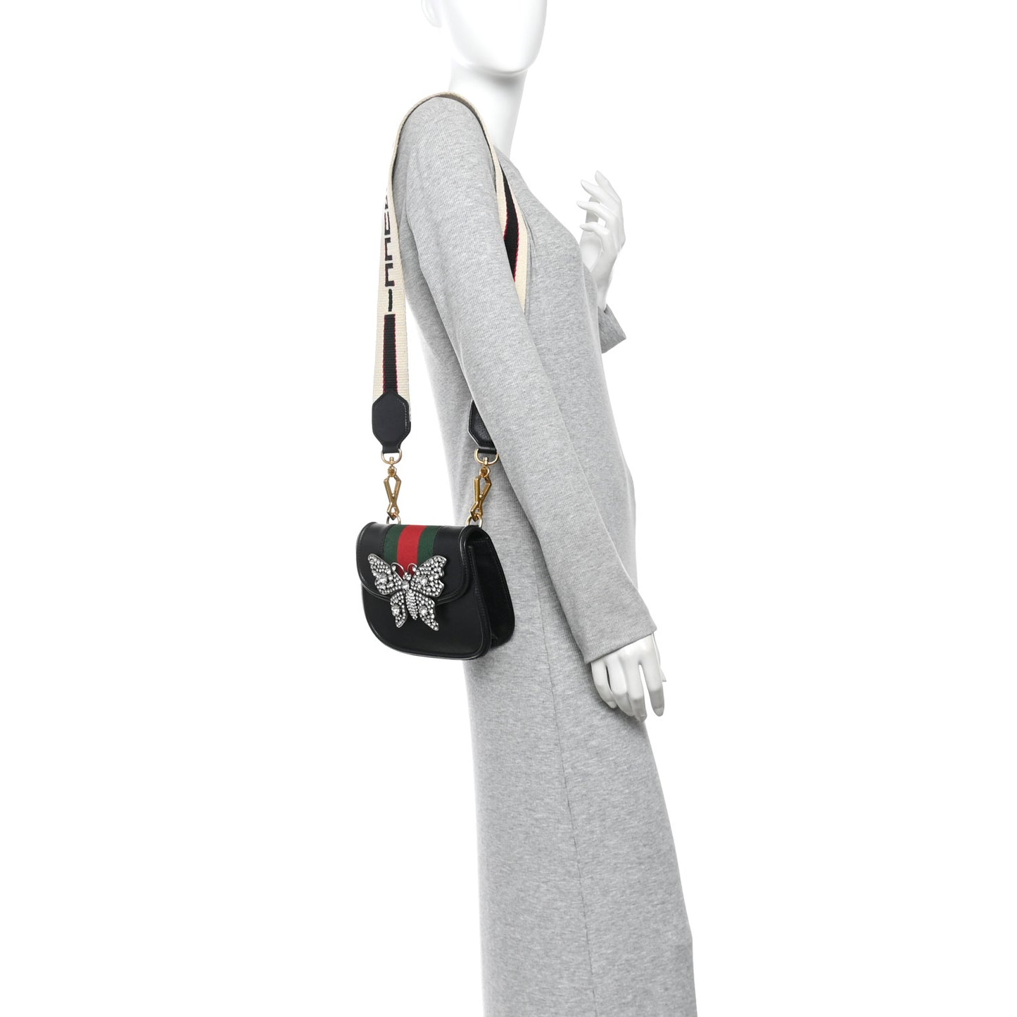 Calfskin Web Crystal Butterfly Stripe Small Totem Shoulder Bag Black