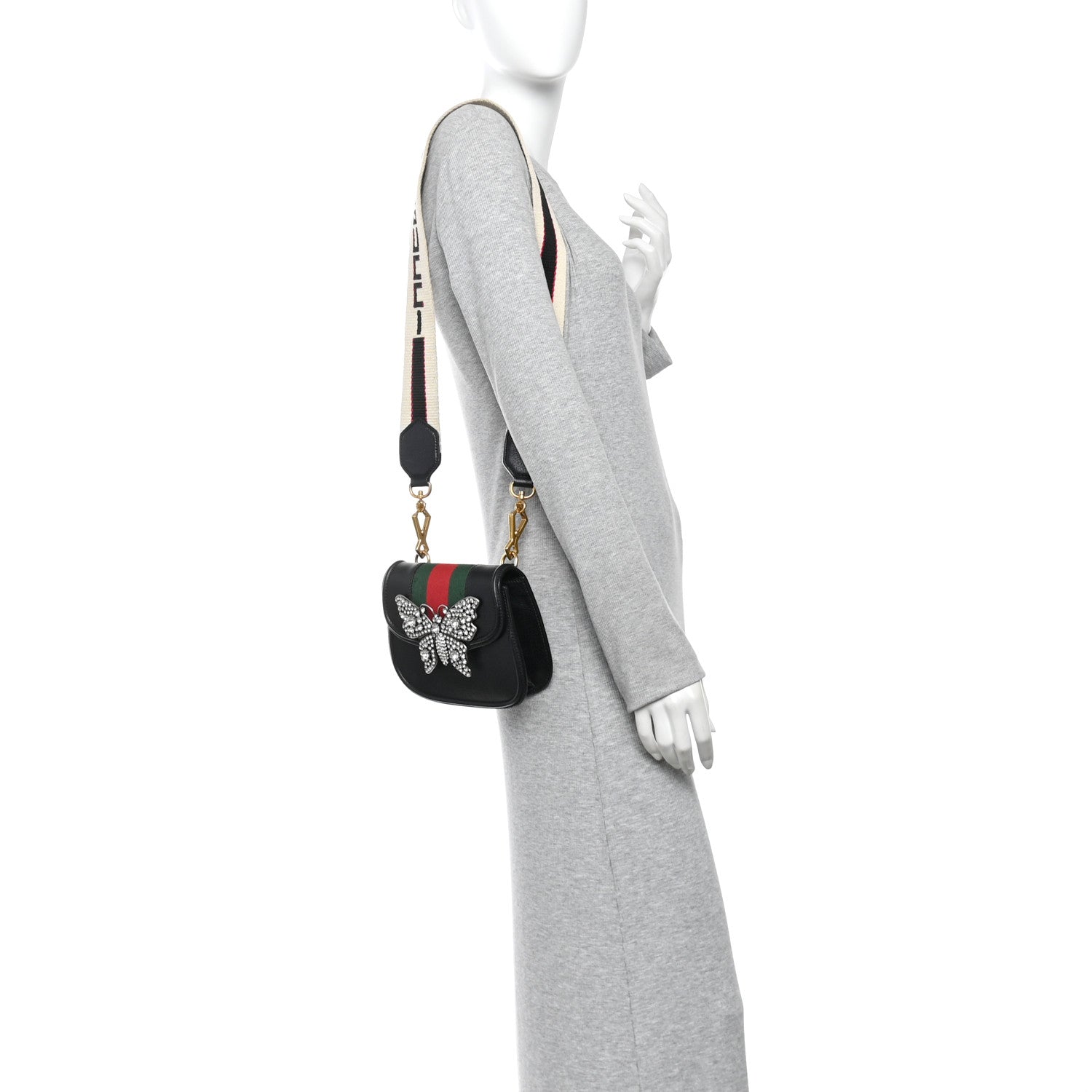 Gucci Calfskin Web Crystal Butterfly Stripe Small Totem Shoulder Bag Black 2 of 11
