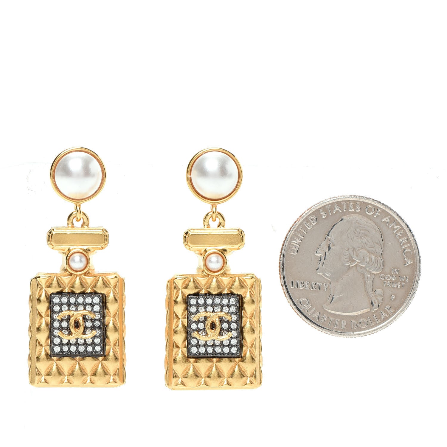 Chanel Crystal Pearl CC Perfume Bottle Drop Earrings Gold 2 of 6