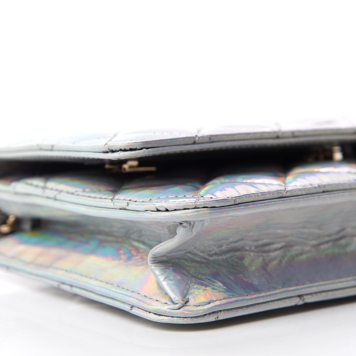 Iridescent Goatskin Quilted Wallet On Chain WOC Silver