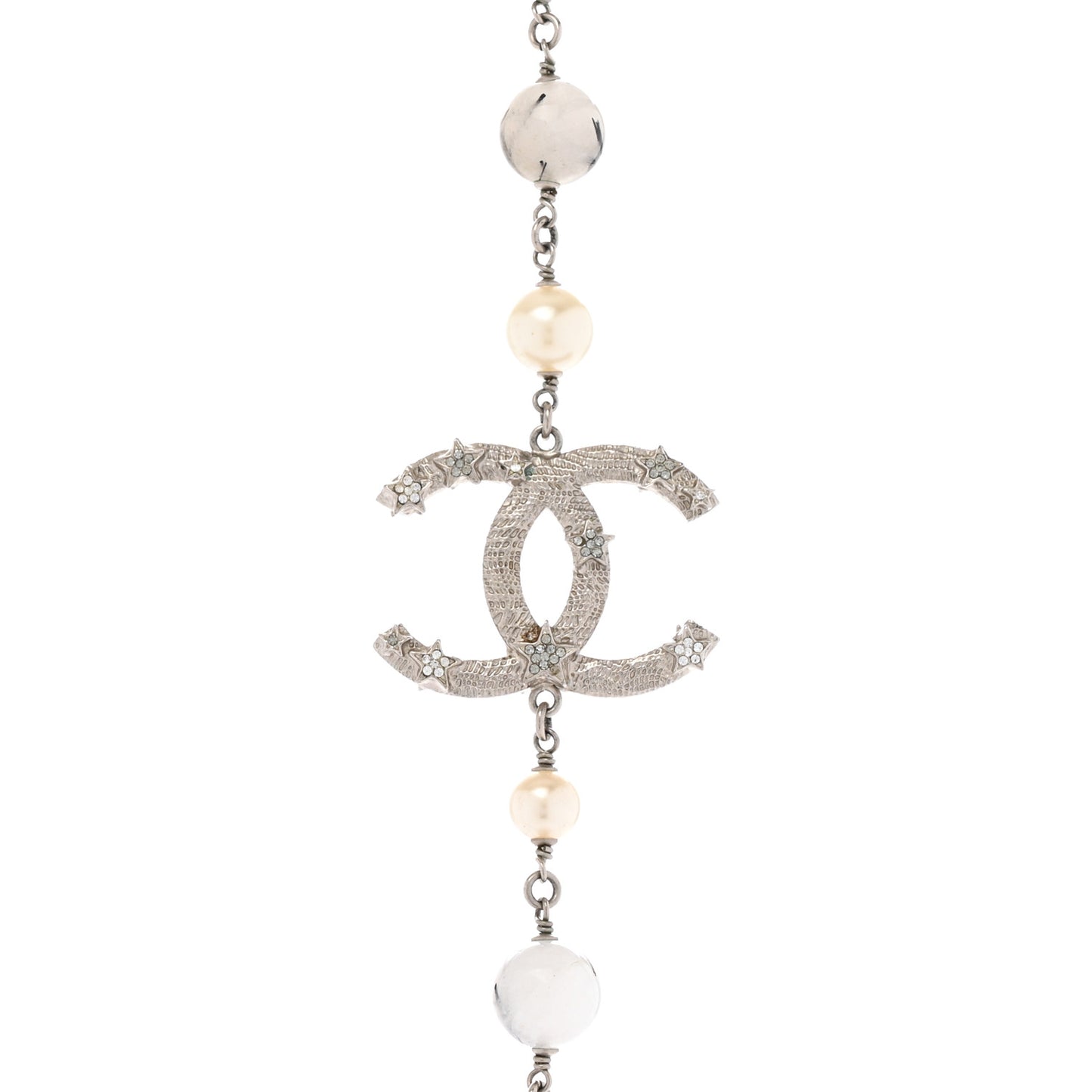 Pearl Beaded Star CC Long Necklace Silver