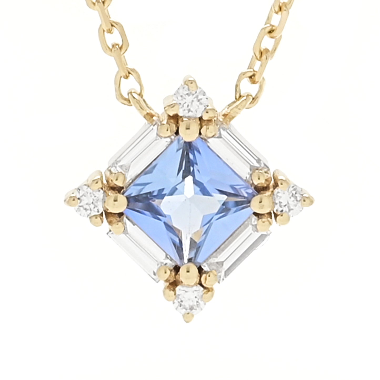 18K Yellow Gold Diamond Blue Sapphire Princess Midi Pendant Necklace